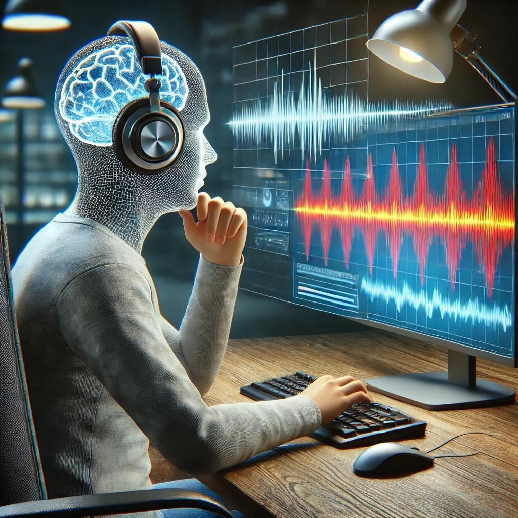 "A person wearing headphones, listening to high-frequency binaural beats while performing cognitive tasks on a computer. The setting is modern, realistic, and genuine."