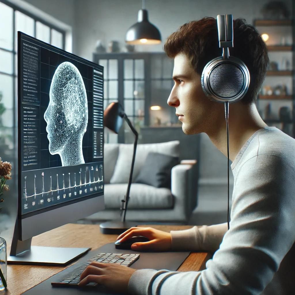 A realistic and modern image showing participants wearing headphones while focusing on a computer screen displaying a global-local visual task, illustrating the setup of the study on binaural beat