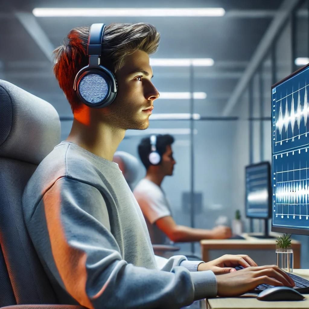 "A person wearing headphones, listening to high-frequency binaural beats while performing cognitive tasks on a computer. The setting is modern, realistic, and genuine."