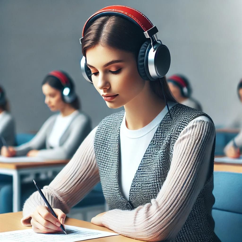 Eine Gruppe von Studenten, die an einem Gedächtnistest teilnehmen und dabei Kopfhörer tragen, die Binaural Beats abspielen. Moderner, realistisch wirkender Raum.